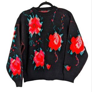 Vintage Red Floral Print Needlepoint Grandmacore Oversized Knit Sweater sz Large